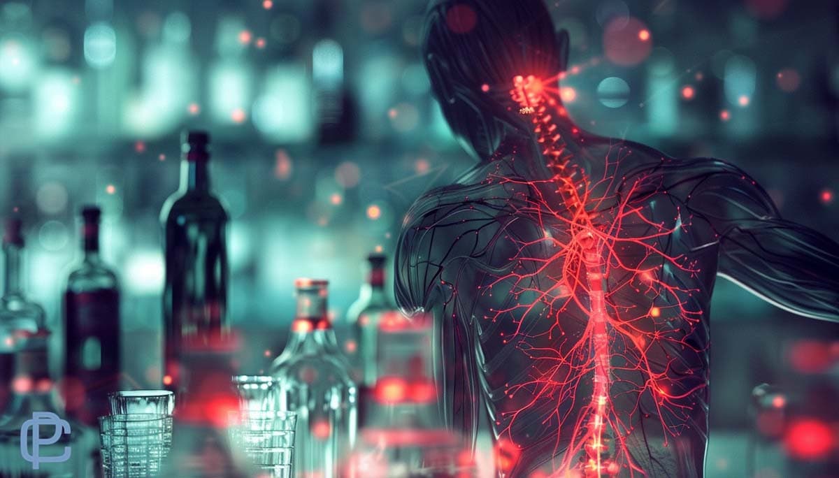 Image depicting a colorful silouhettes nerve damage resulting from excessive alcohol consumption: Alcoholic neuropathy
