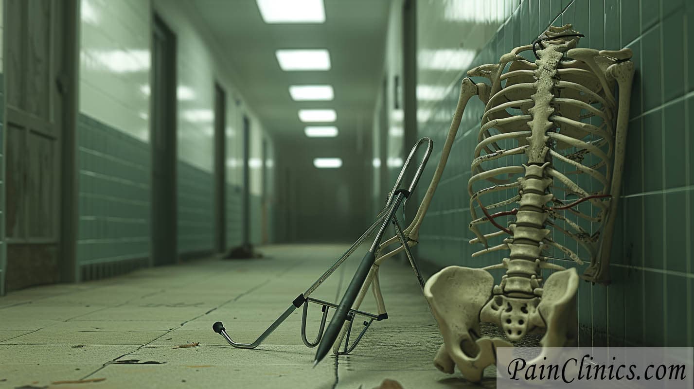 An image depicting Failed Back Surgery Syndrome, a skeletal remains sitting in an abandoned hospital hallway