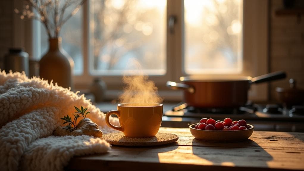 Cozy winter scene with steaming herbal tea, anti-inflammatory berries, and warm natural lighting