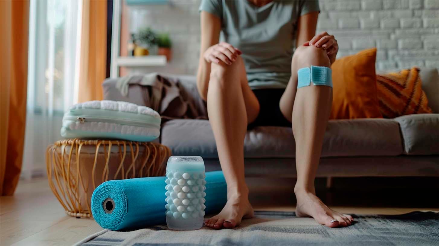 image of a lady sitting on her couch with items to help treat knee pain at home