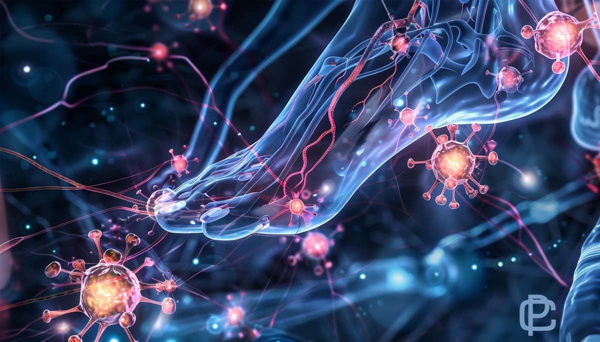 Illustration of a human foot with visible nerves highlighted representing diabetic neuropathy