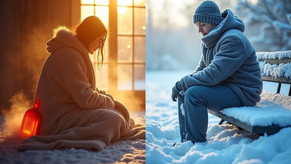 Split image showing woman using red heat therapy bottle indoors versus man with cold pack outdoors in winter